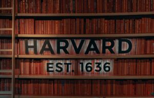 「ハーバード」の文字の入った図書館の本棚