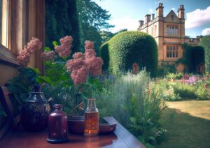 英国庭園と紫の花